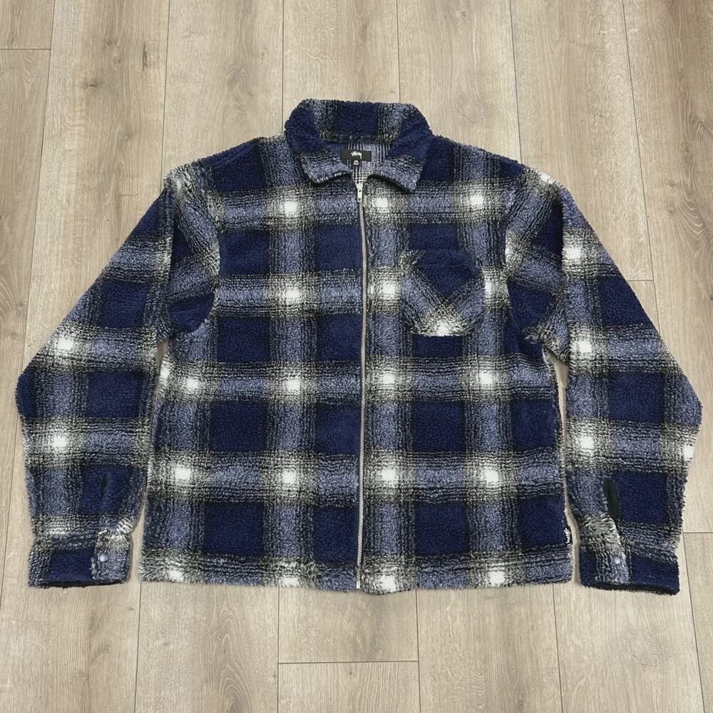 Stüssy Shadow Plaid Sherpa Zip Shirt Navy Blue sz XXL 2XL SF